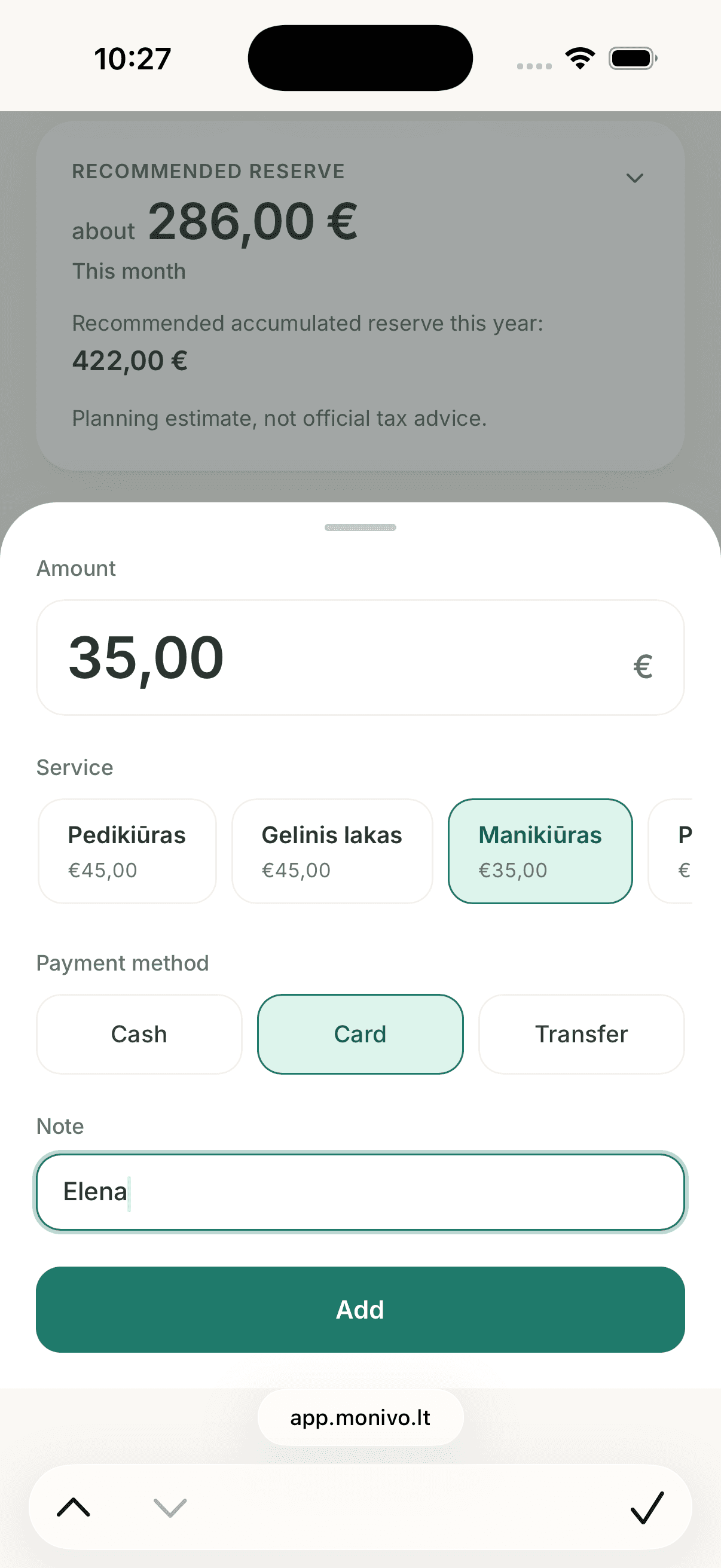 Monivo income and expense activity