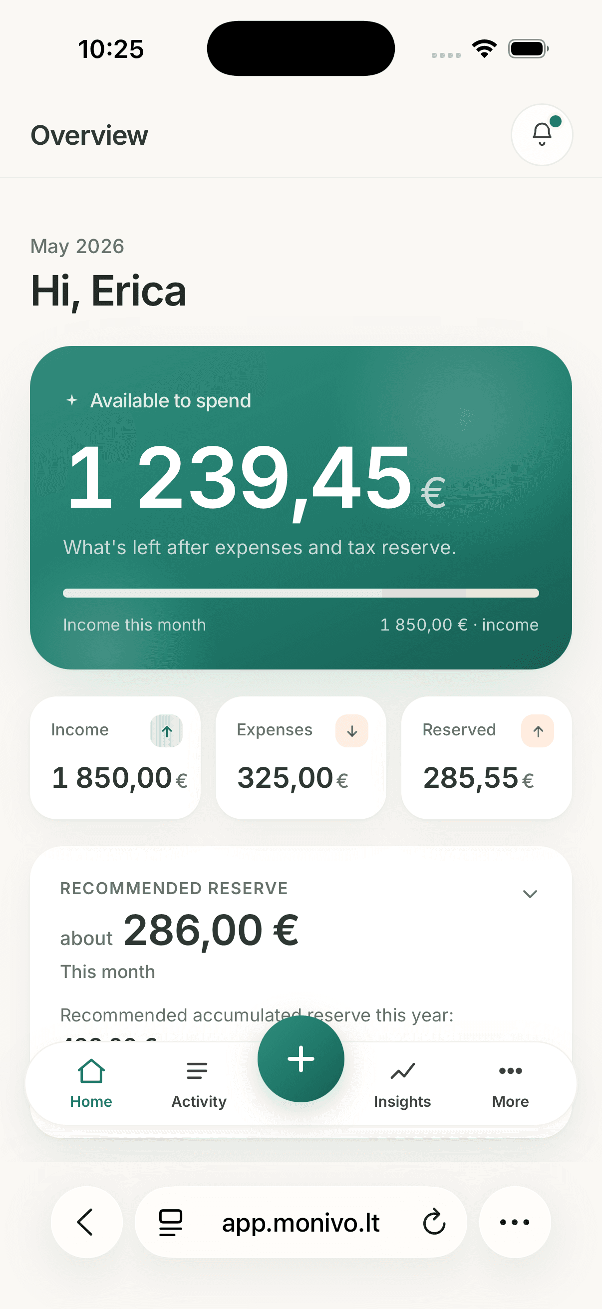 Monivo dashboard with the spendable number
